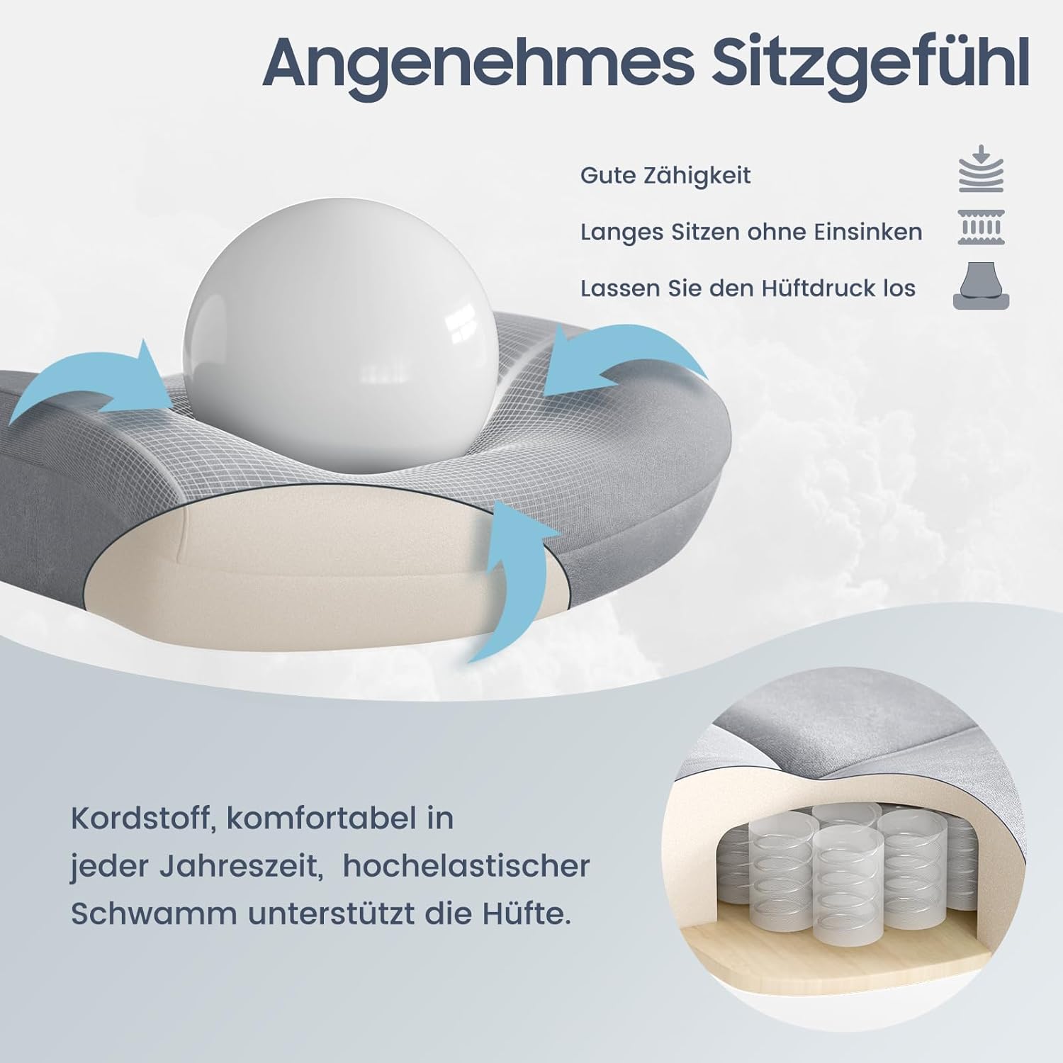 Bürostuhl Ergonomisch 200KG, Schreibtischstuhl Computerstuhl Office Chair, Hoher Rücken Ergonomischer Stuhl, Höhenverstellbarer, 360 ° drehbar, Grau Cord Stoff, (Aktualisierte)