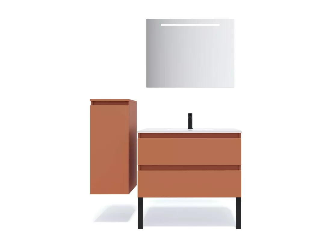 Meuble de salle de bain suspendu vasque intégrée 90cm 2 tiroirs Terracotta - Hudson