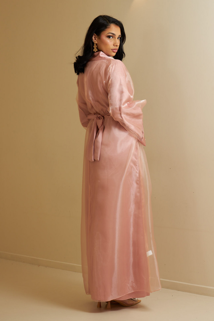 Ensemble 2 pièces abaya + kimono ceinturé rose