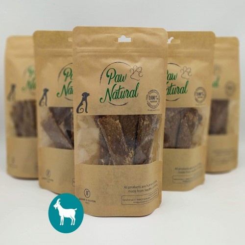 Tiras de petiscos com sabor natural de cabra Paw para cães.