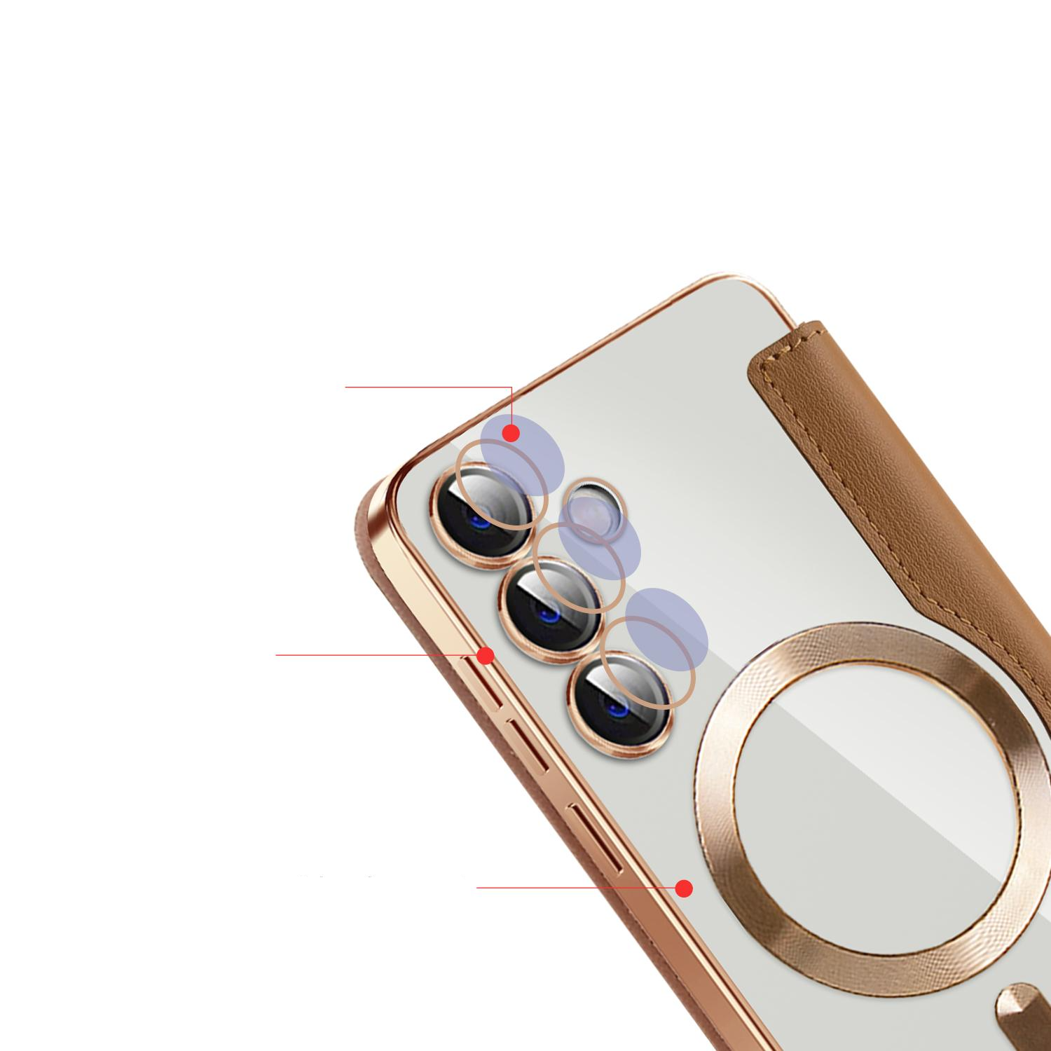 Samsung Galaxy S24 Hybrid Leder Tasche   Kunststoff Rückseite MagSafe-Modul - Braun / Transparent
