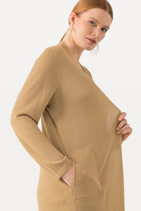 Long-Strickjacke, offene Form, V-Ausschnitt, Stehkragen