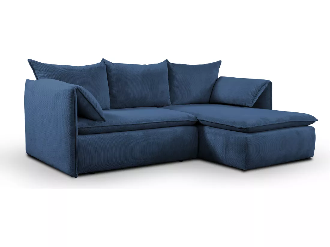 Canapé d'angle droit convertible en velours côtelé bleu marine TEODORA