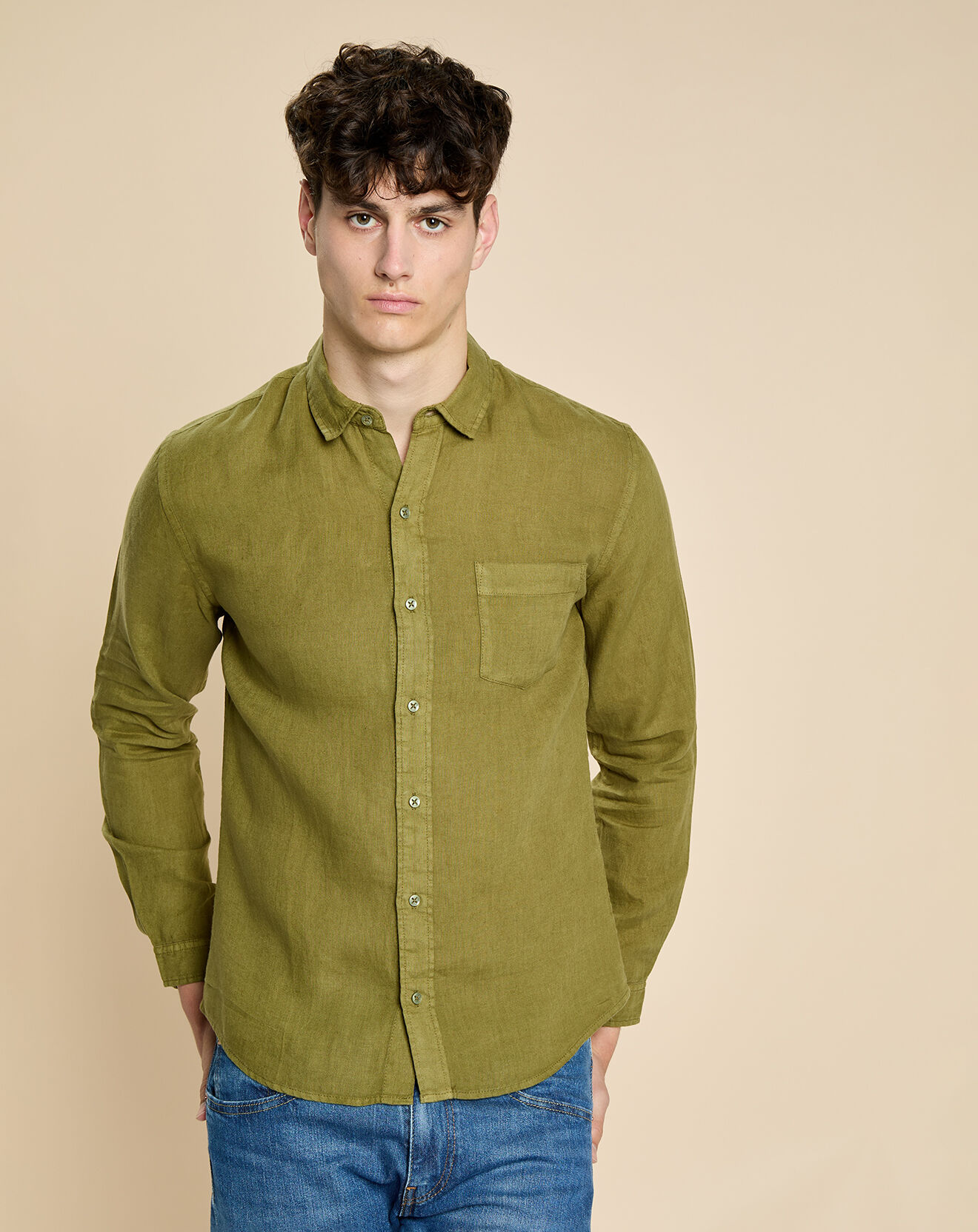 Harris Wilson Chemise slim 100% Lin Danny olive