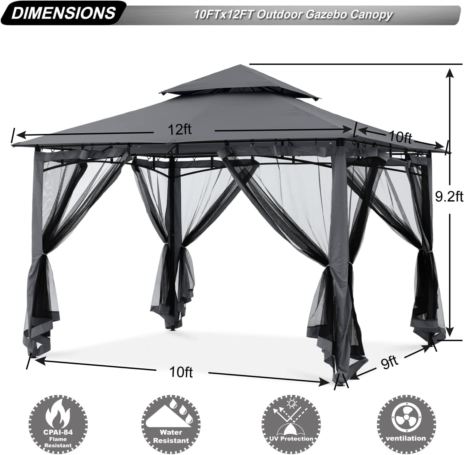 ABCCANOPY Pavillons mit Netz für Terrassen, Doppeldach, weiches Überdachung, Garten, Hinterhof, Pavillon für Schatten und Regen, 3 x 3,6 m (grau)