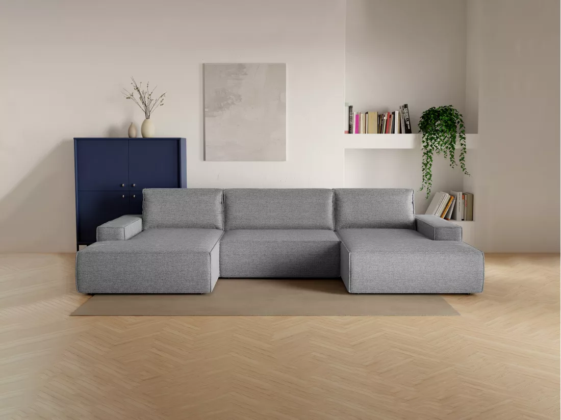 Grand canapé d'angle panoramique convertible en tissu texturé gris AMELIA