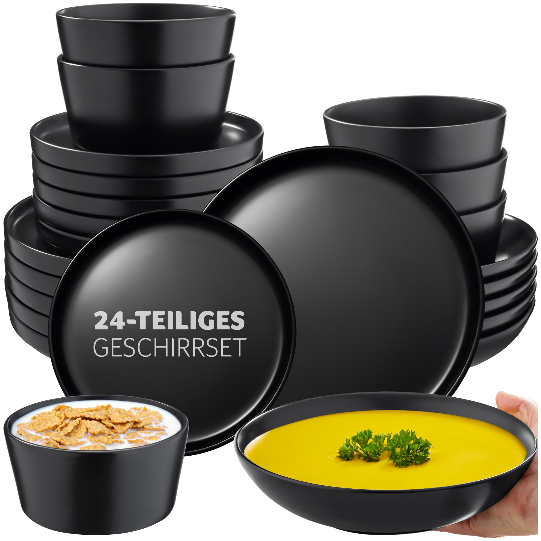 tectake® Geschirrset, für 6 Personen, aus Steingut, mit Glasur, ineinander stapelbar