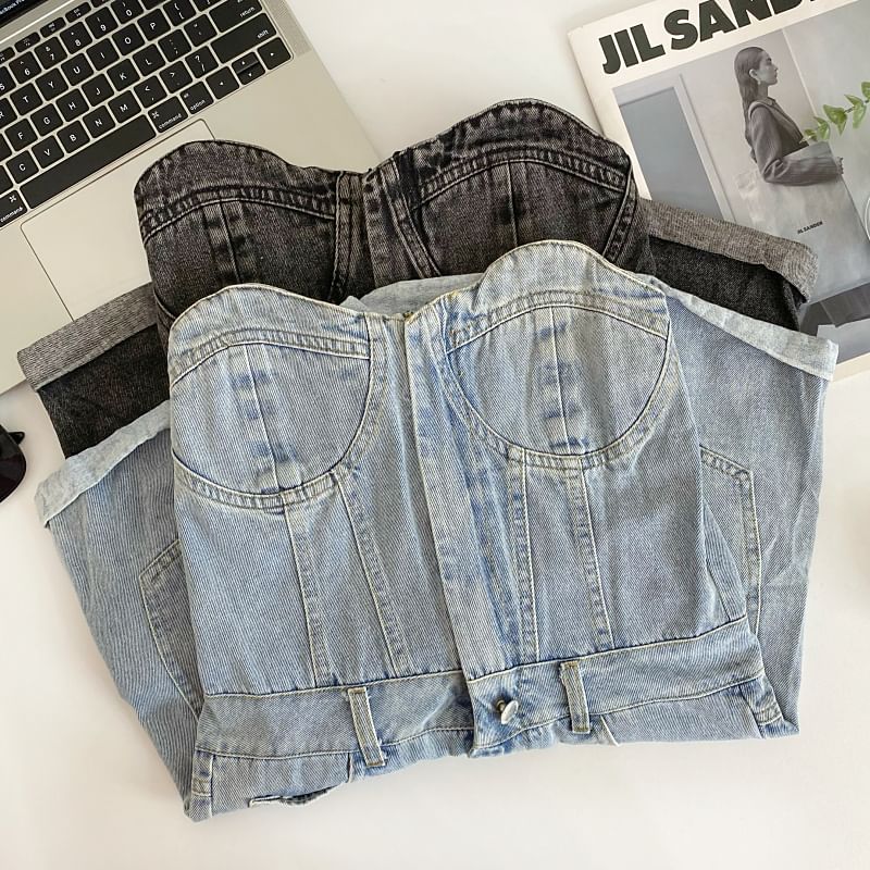 Iasia - Strapless gewassen denim romper
