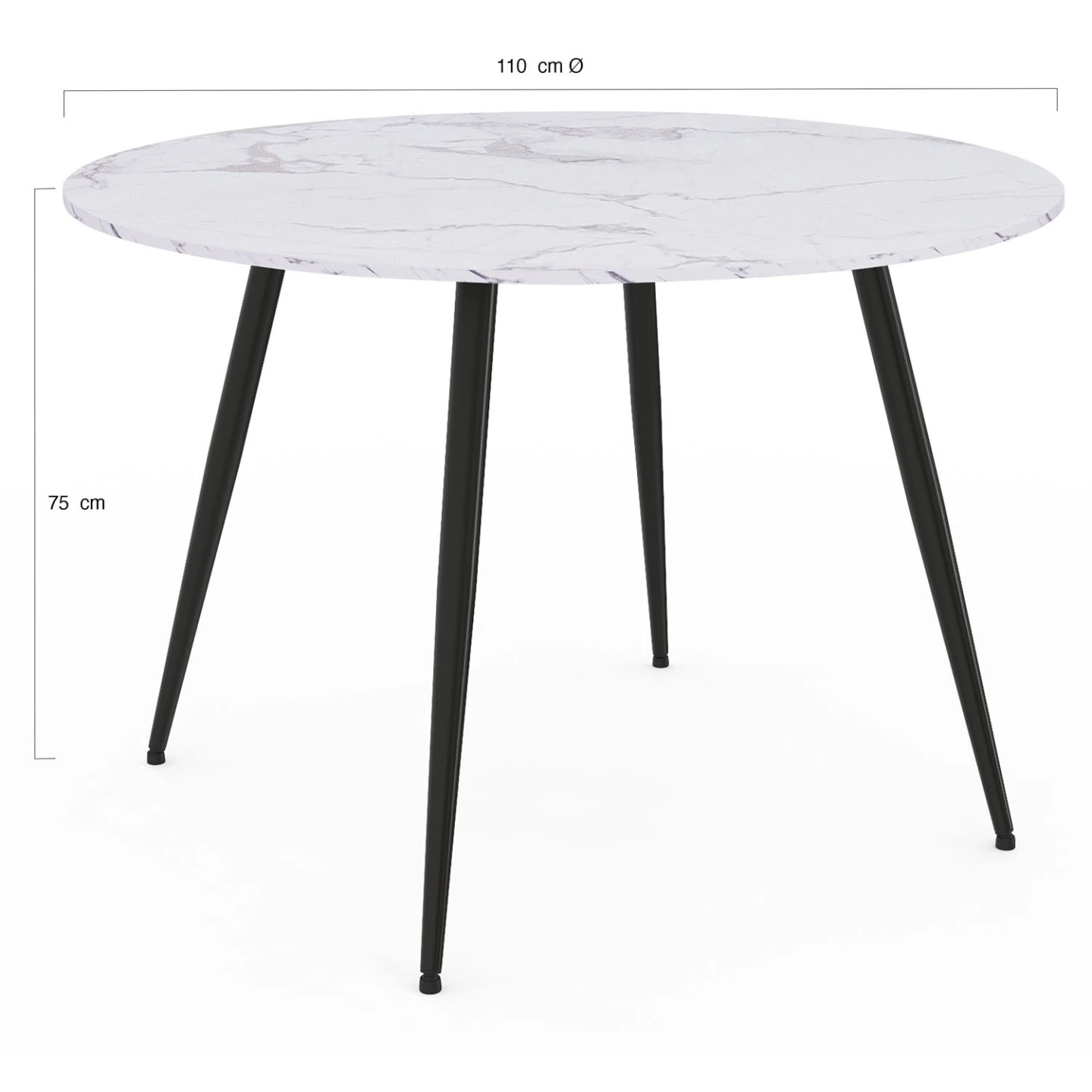 Table à manger ronde AMELIA 4 personnes effet marbre blanc ALASKA pieds métal noir 110 cm