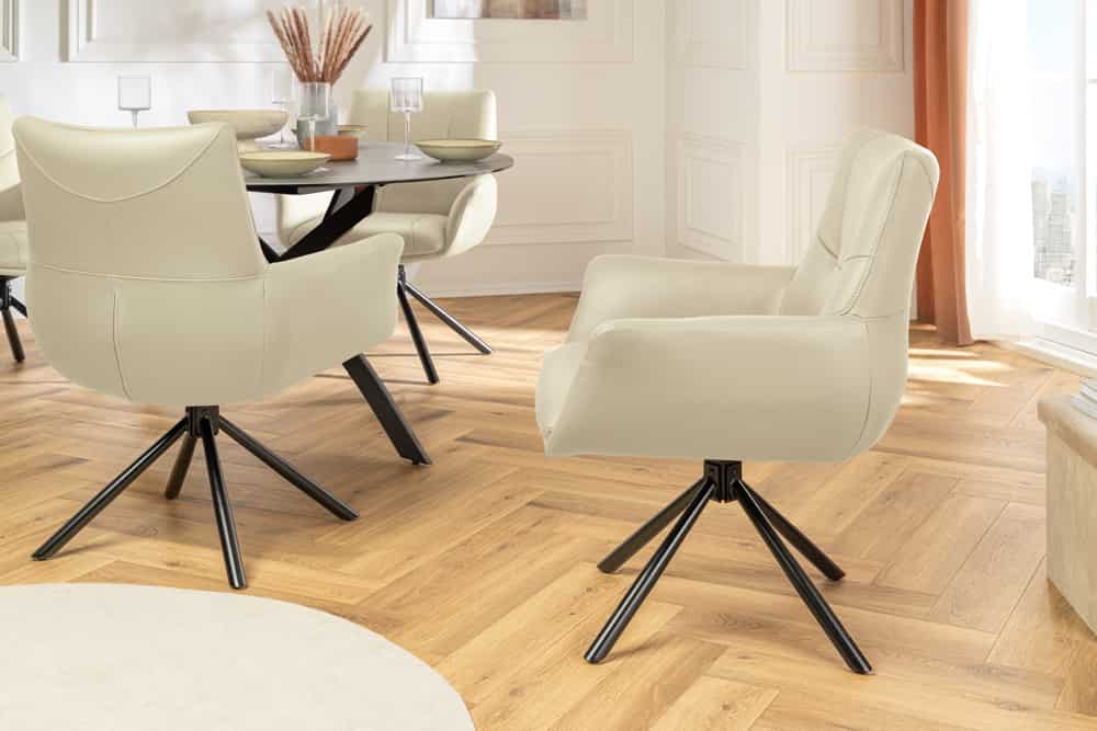 Drehbarer Design Stuhl SIGNATURE beige Echtleder 360° Taschenfederkern schwarz Metall