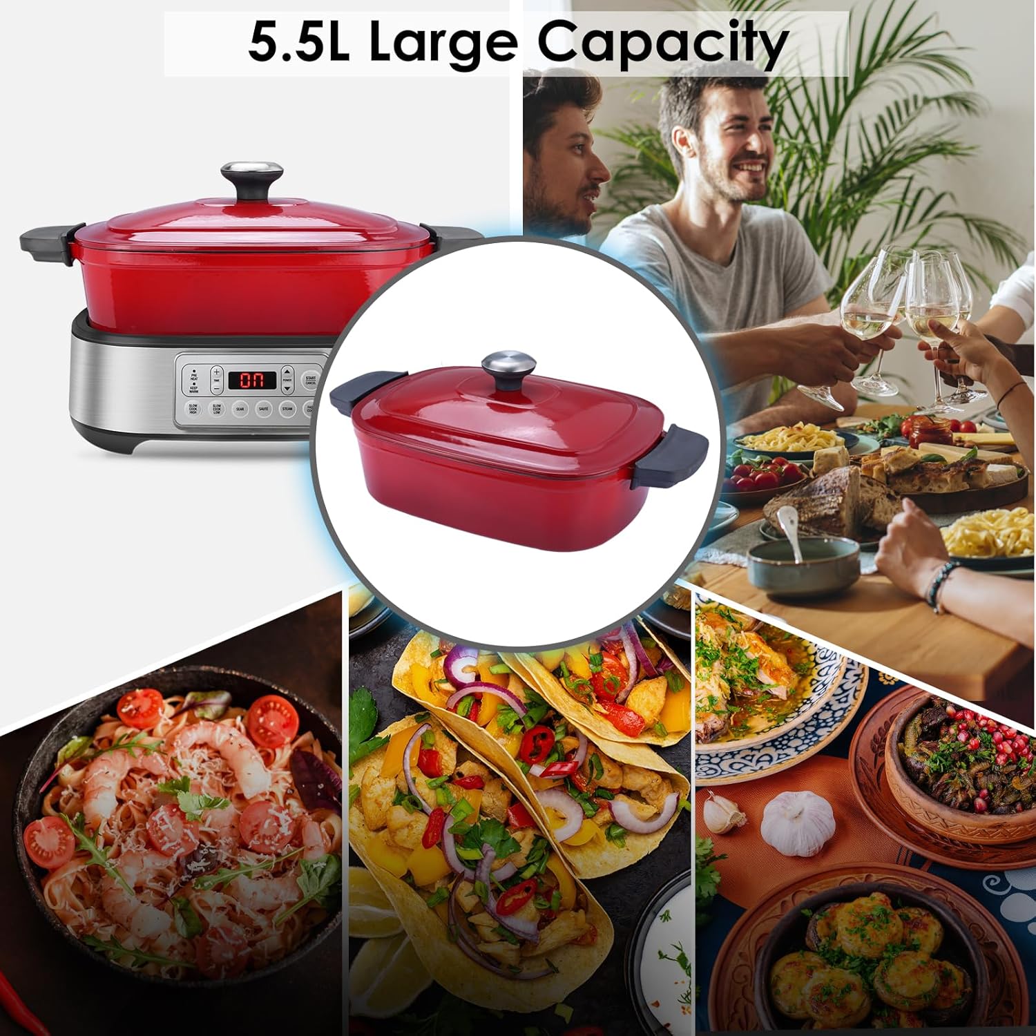 Homtone Slow Cooker Schongarer 6-in-1, 5,5L Multikocher Programmierbarer Abnehmbarer Emaille-Schmortopf, Keramik-Antihaftbeschichtung, Langsames Garen, Anbraten, Dämpfen mit Dampfgarrost, Rot