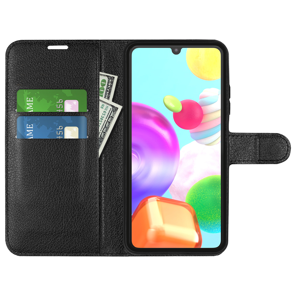 Samsung Galaxy A41 Leder Tasche Flip Cover Litchi Look - Schwarz