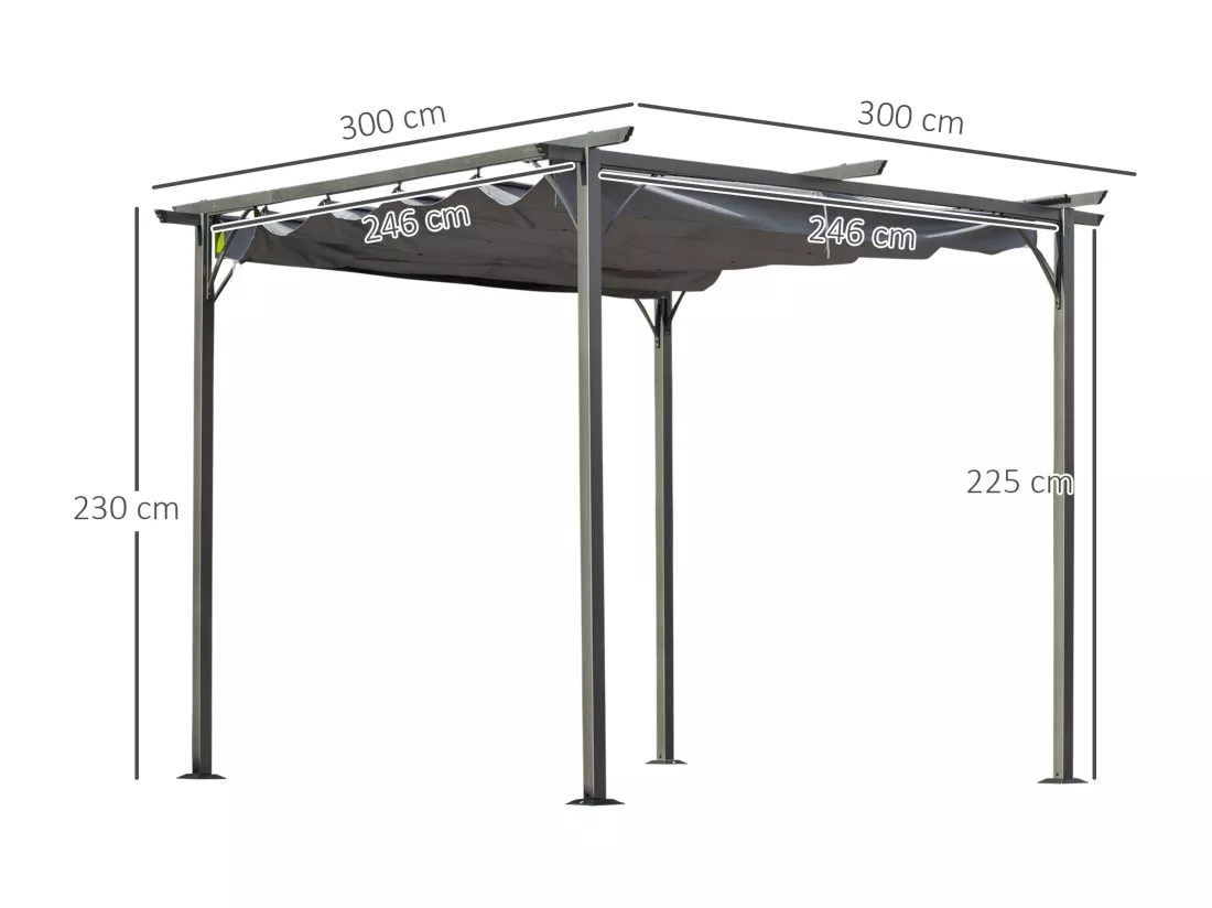 Pergola rétractable 3L x 3l x 2,30H m structure métal époxy anticorrosion noire + toile polyester haute densité 180 g/m² incluse gris
