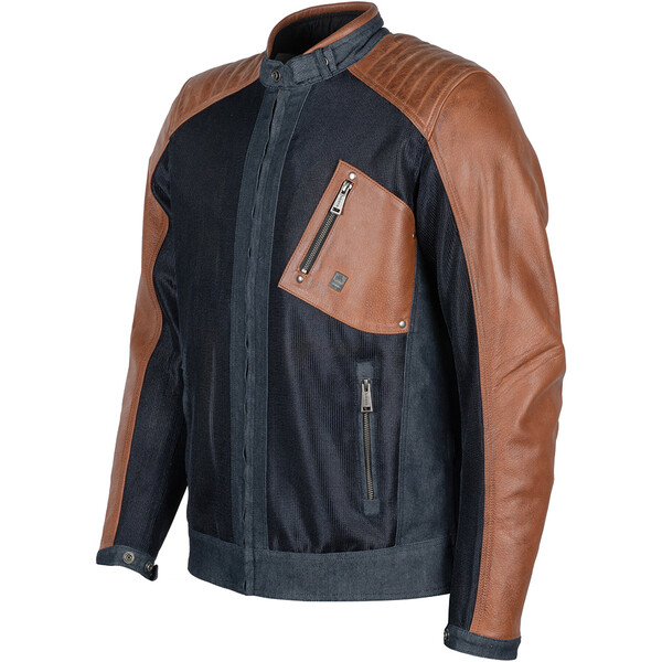Helstons - Blouson Colt Air toile denim mesh cuir Bleu / Camel
