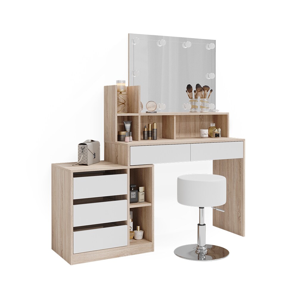 Vicco Schminktisch Anja 139,8 x 115 cm Sonoma Weiß Spiegel Hocker LED modern