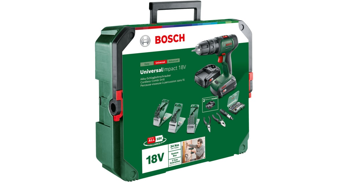 BoschUniversalImpact 18V + SystemBox gereedschapsset  (Groen, 2x PBA 18V 2.0Ah Accu, AL18V-20 lader inbegrepen)