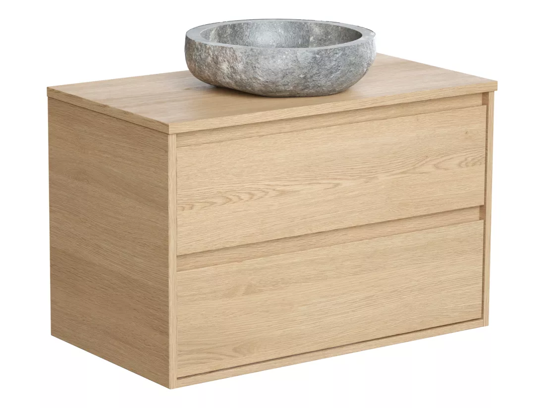 Meuble de salle de bain avec vasque à poser en pierre - Placage chêne - 80 cm - MILIPAM