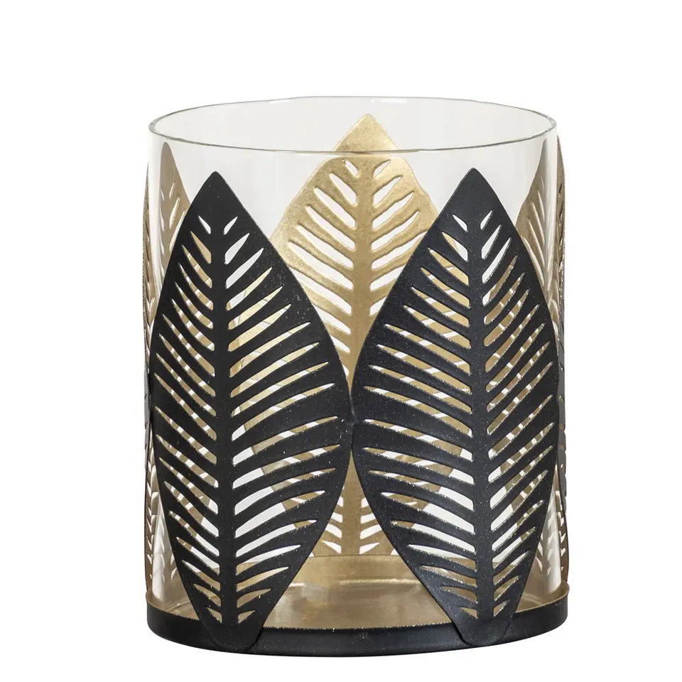 Waxinelichthouder Blad - zwart/goud - 12xØ10 cm