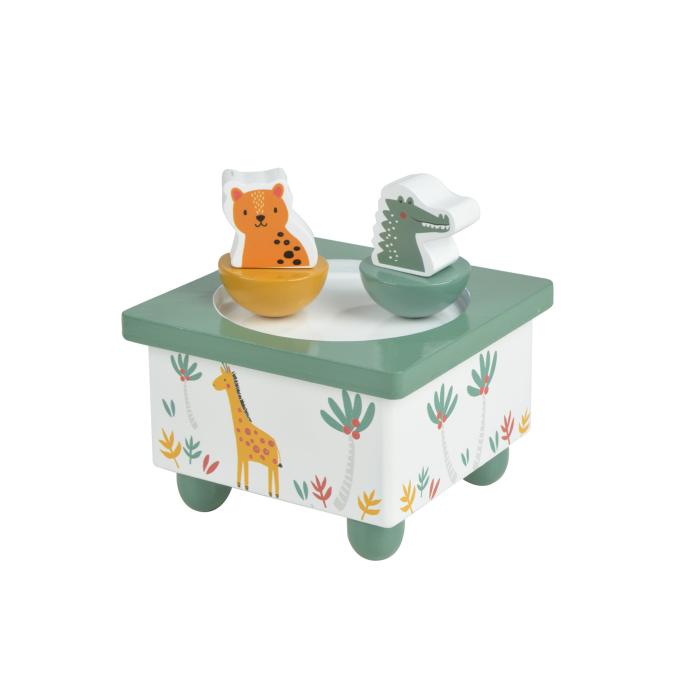 BOITE A MUSIQUE BOIS ANIMAUX 10X10X11CM SAVANE