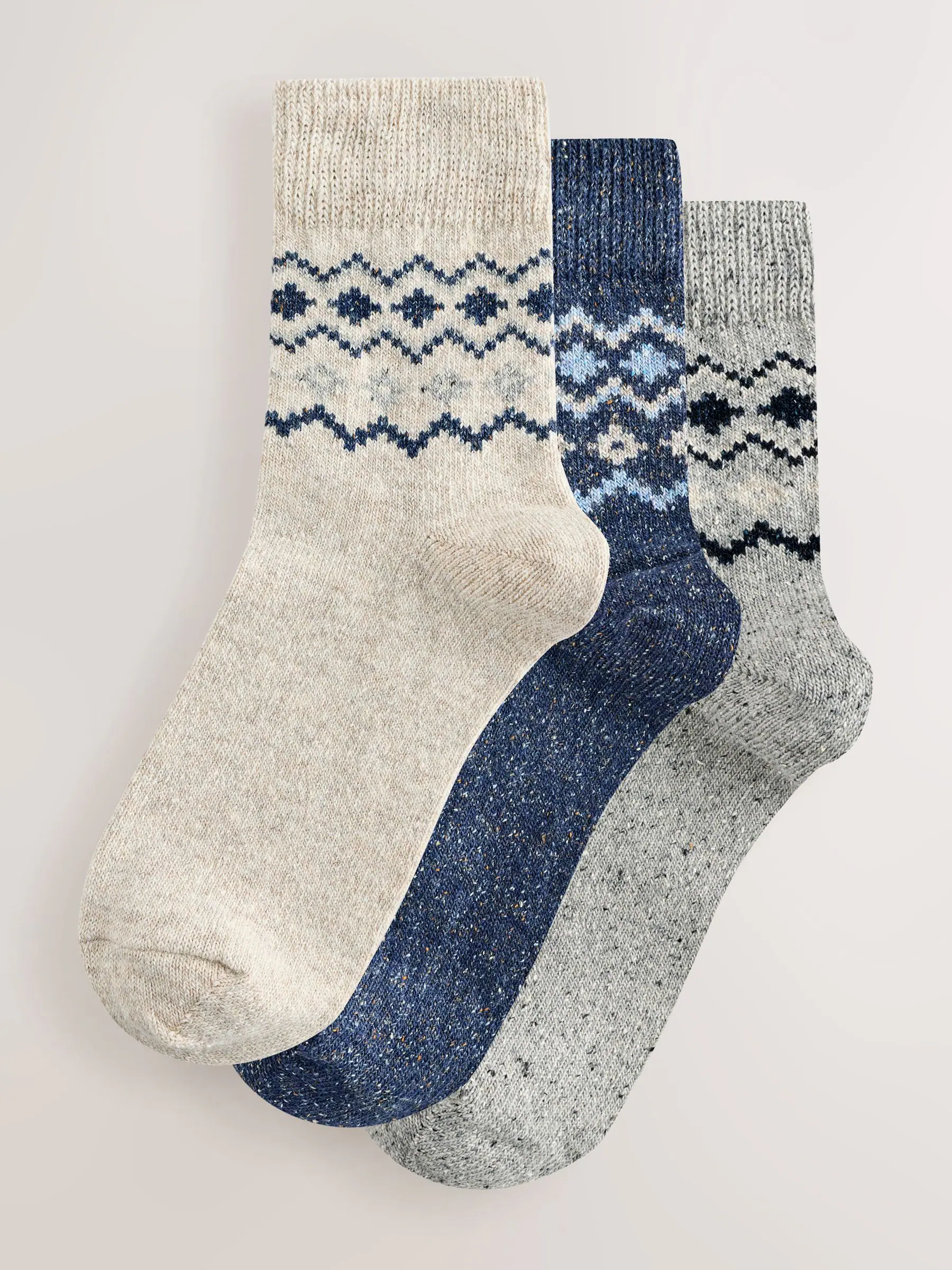 Blauw met fairislemotief - Thermische enkelsokken van wol-zijdemix verpakking van 3