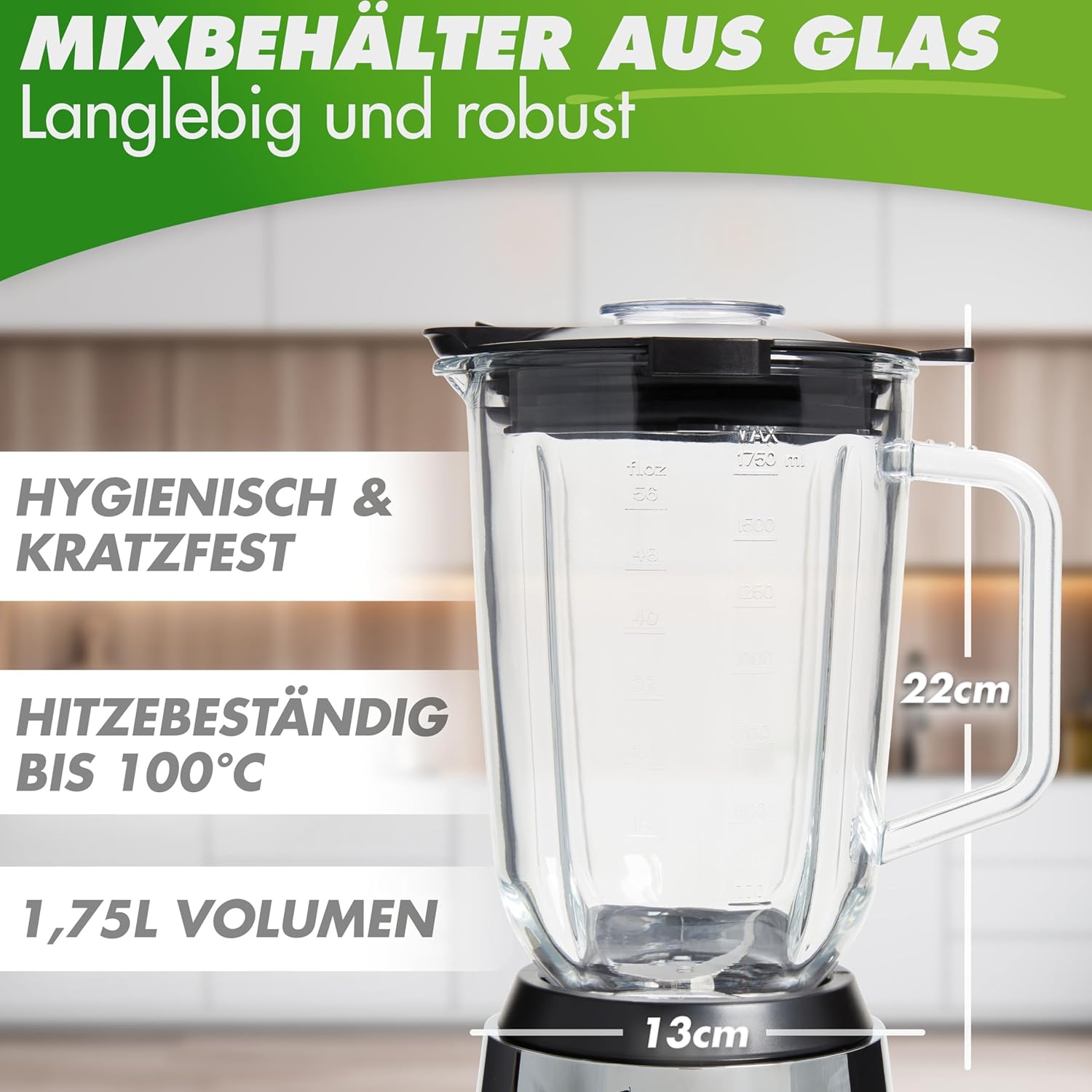 NUTRI-BLENDER GLAS Standmixer Hochleistung 1300W Hochleistungsmixer Smoothie-Maker Profi Blender, 1,75L Glasbehälter, Edelstahlgehäuse, 4 Klingen, BPA-frei, Leise, Variable Stufen, 3 Auto-Programme