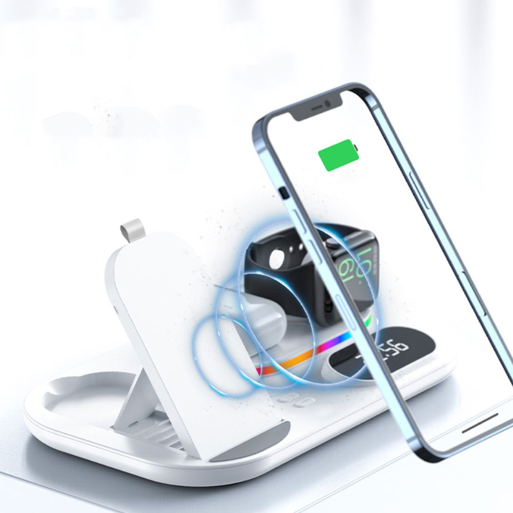 (30W) 4in1 Apple Watch / Smartphone / AirPods Qi Fast Charging Ladegerät Ständer Dockingstation   Zeitanzeige - Schwarz