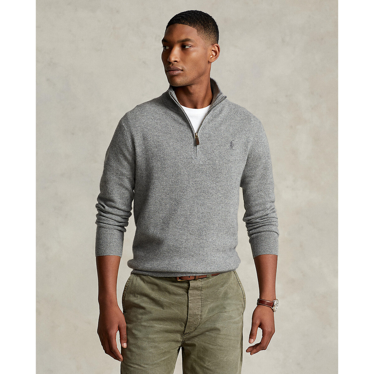 POLO RALPH LAUREN<br>Suéter de lã, meio zíper, bordado Pony Player