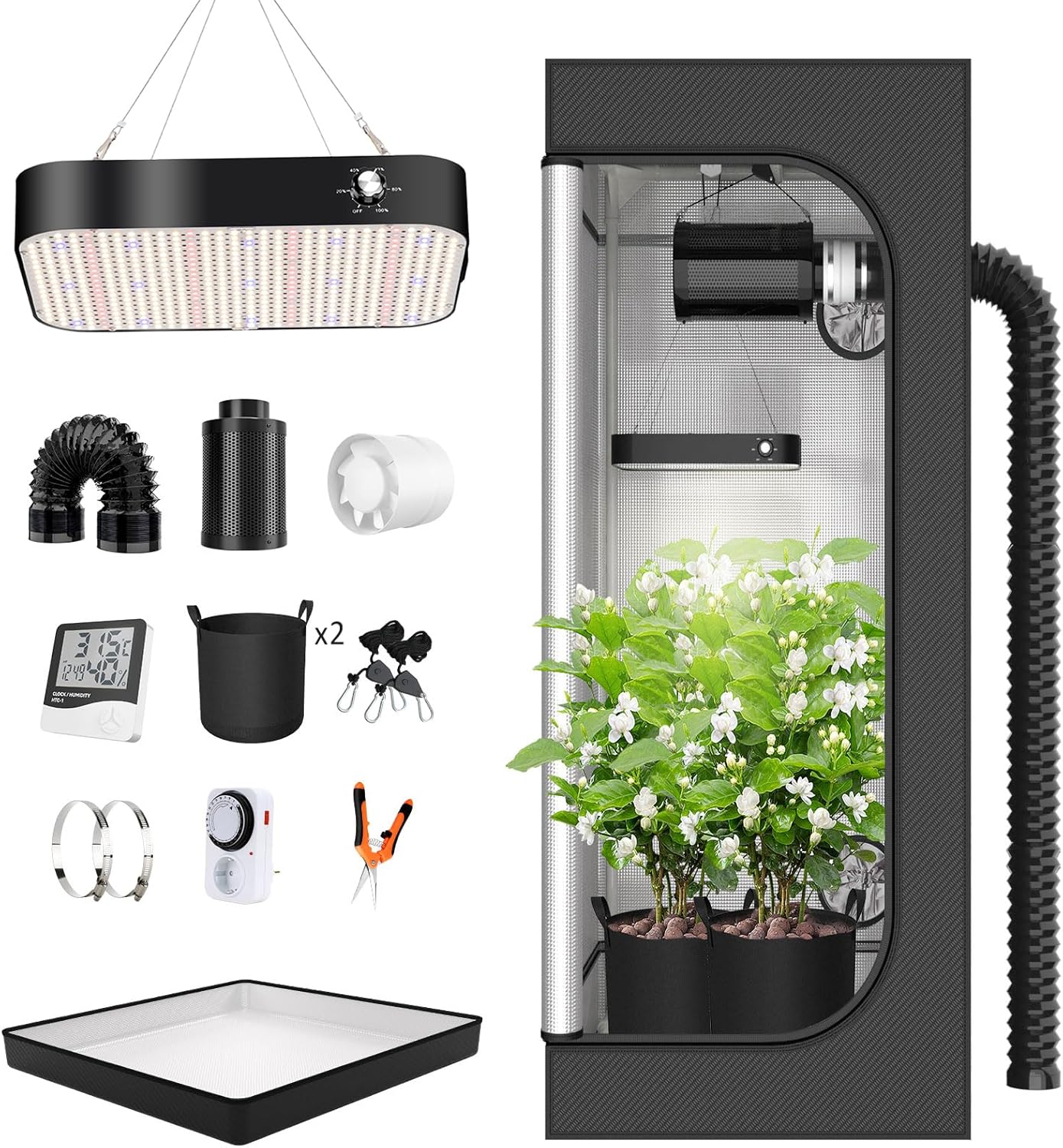 Growzelt Komplettset Anbau Set mit 200W LED Vollspektrum Grow Lampe Dimmbar, 40x40x120cm GrowZelt Kit Komplettes Hydroponics Grow Tent Complete Set(40x40x120cm)