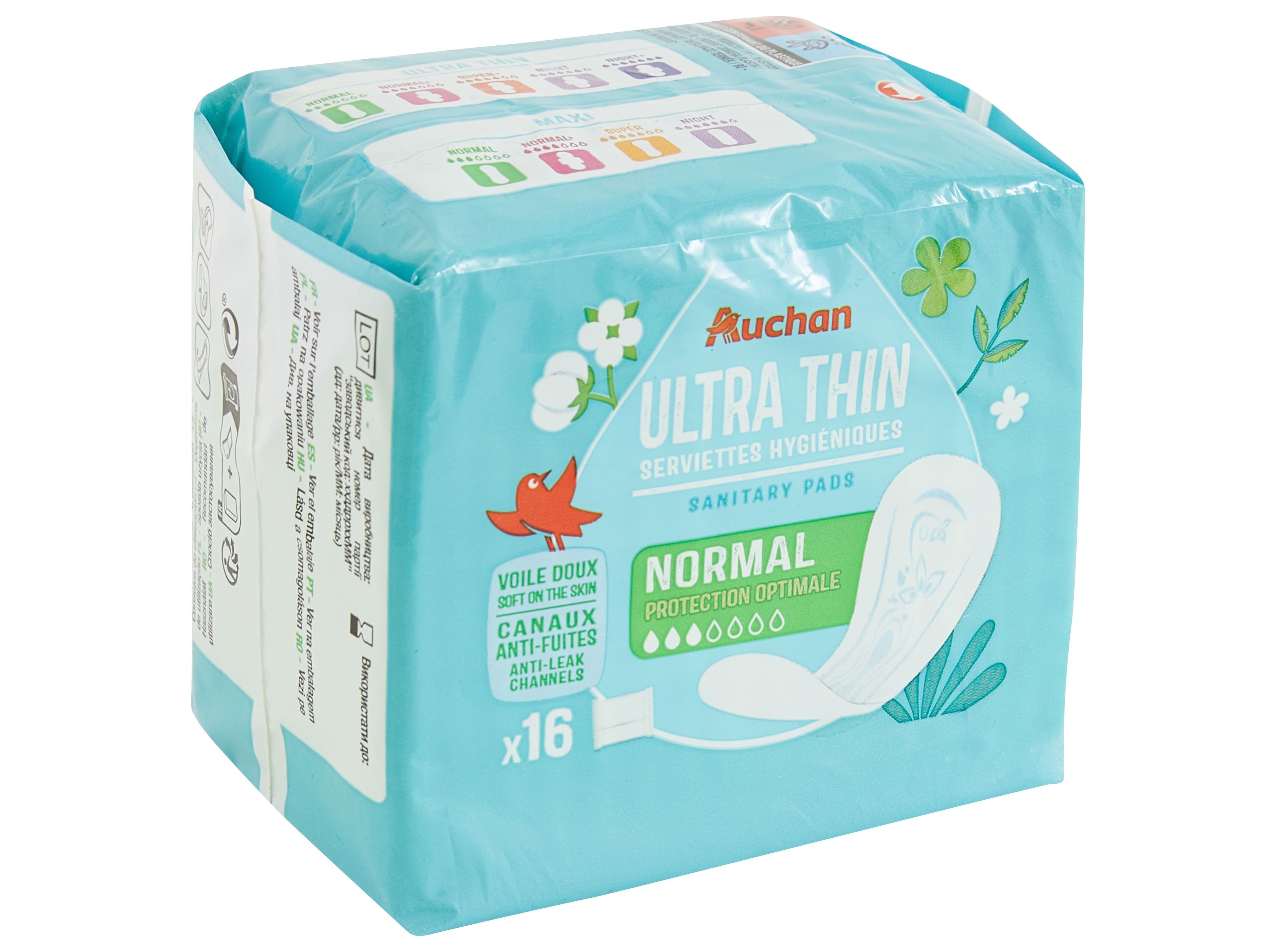 PENSOS HIGIÉNICOS AUCHAN ULTRA FINOS NORMAL SEM ABAS C/BOLSA 16UN