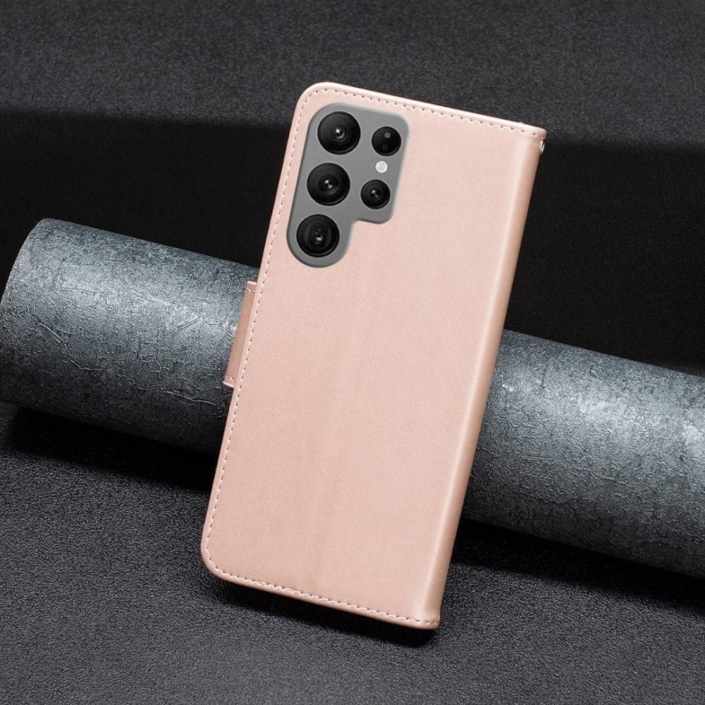 Samsung Galaxy S23 Ultra 5G Leder Tasche mit Kartenfach   Handschlaufe Schmetterling - Roségold