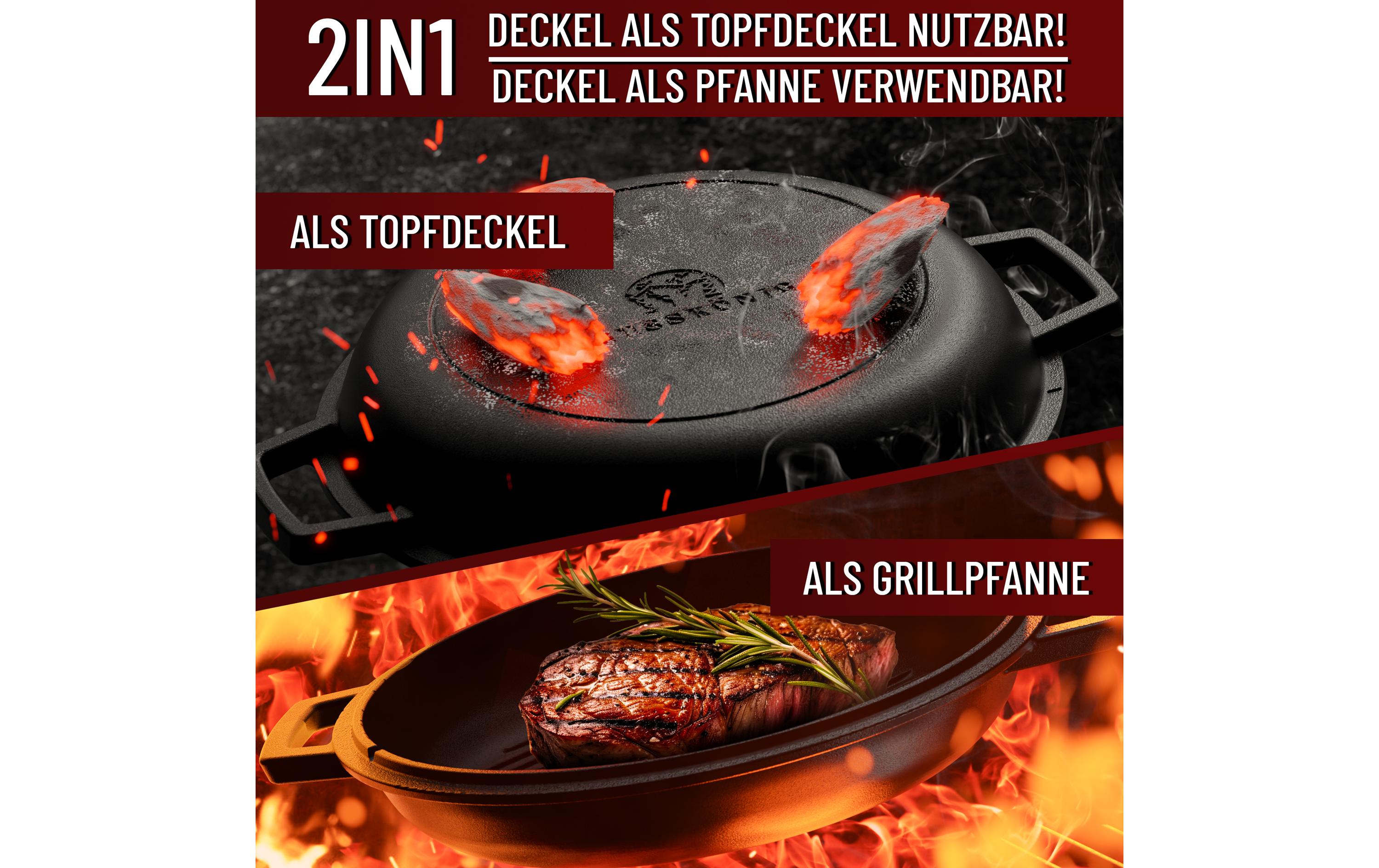 Topf 5 l mit Griffen + Reiniger, UntersetzerGusseisen 2in1 Topf mit Ledergriffen, Ringreiniger und Untersetzer