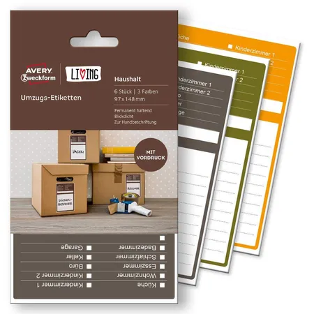 Avery Zweckform 62012 Umzugs-Etiketten, 97 x 148 mm, 6 Etiketten, 3 Farben pro Packung
