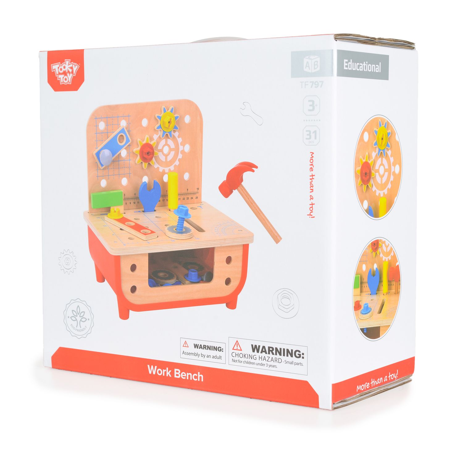 Tooky Toy Kinder Holz Werkbank TF797 Kinderwerkzeug, Hammer, 31 Teile, Schrauben rot