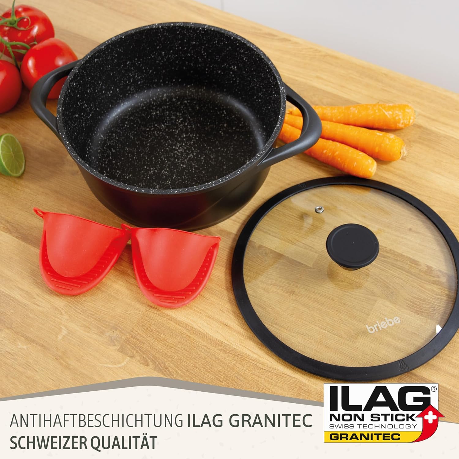 briebe Topfset Induktion 8-Teilig, Kochtopf Set 4 Töpfen aus Aluminiumguss, Antihaftbeschichtung ILAG GRANITEC ohne PFOA, Deckeln aus Glass, Topfhandschuhe Silikon, Glaskeramik, Gas, Ofen, MGK-12S