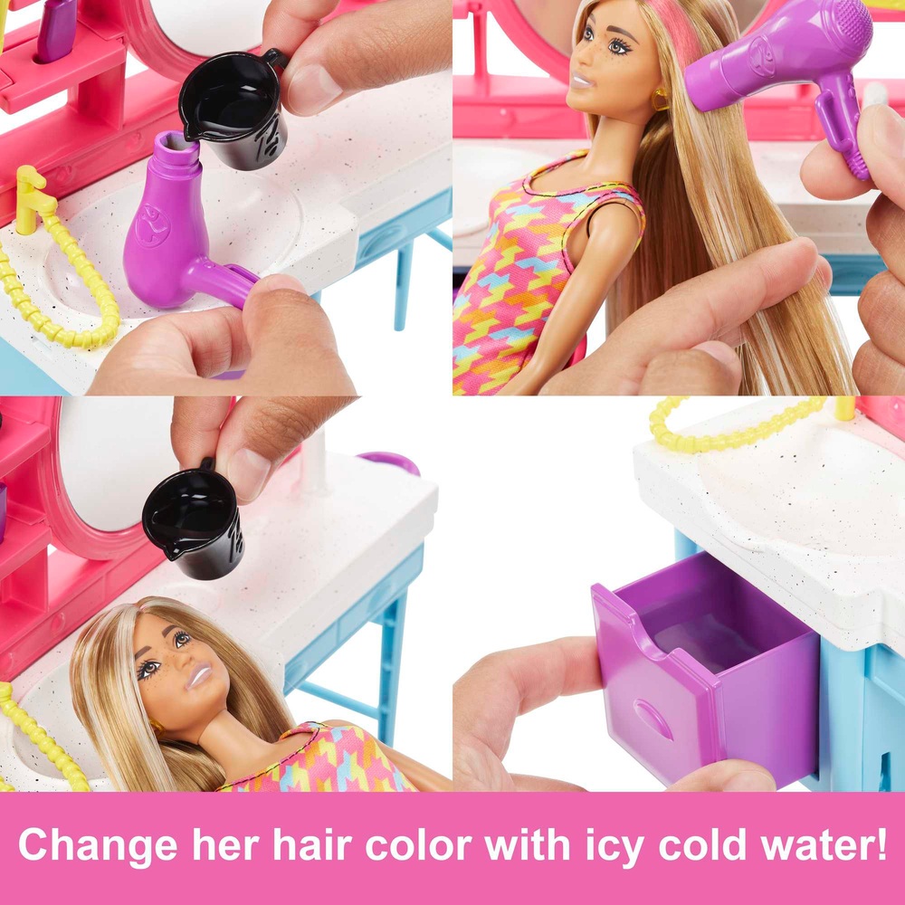 Barbie-Puppe und Friseursalon-Spielset mit farbwechselndem Haar