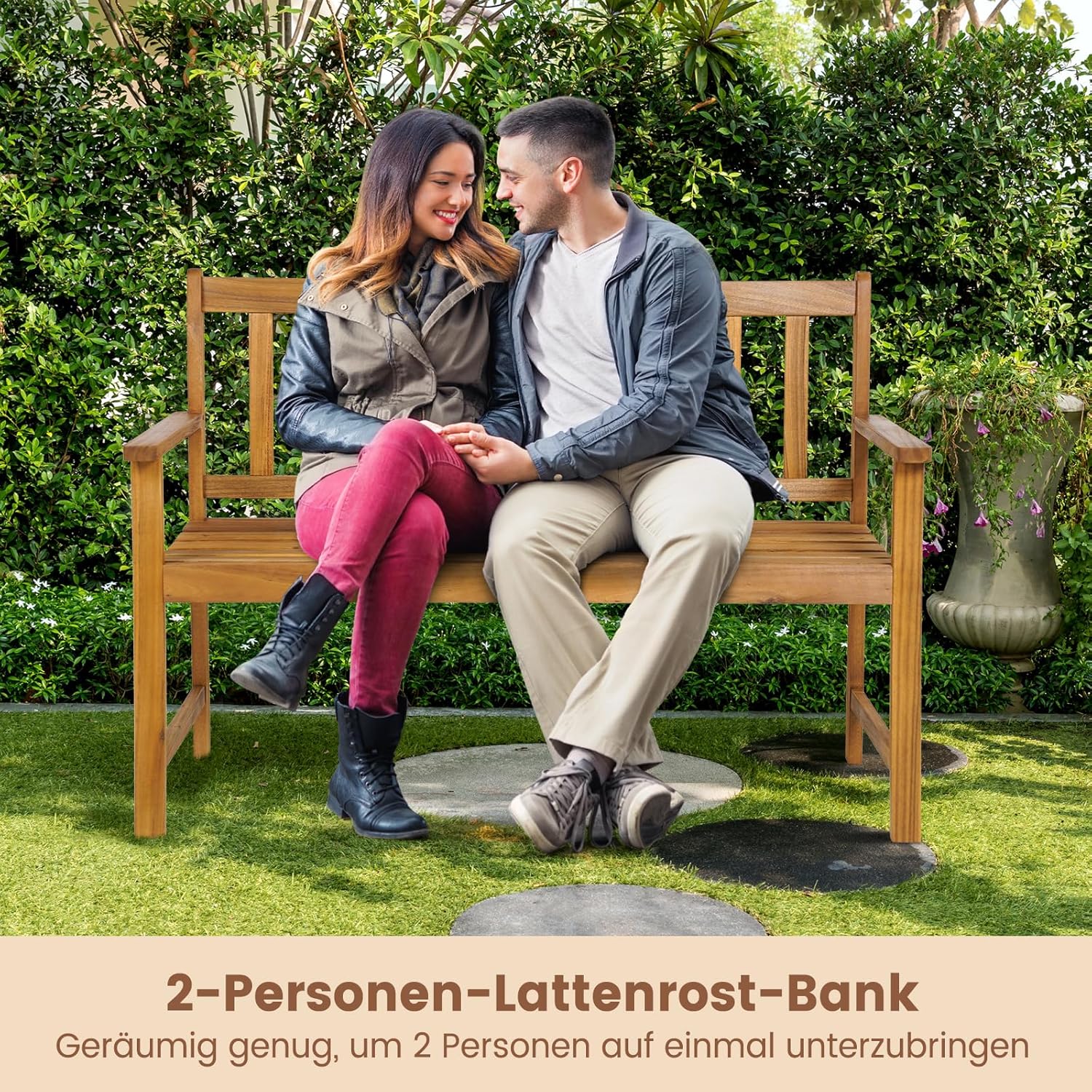 COSTWAY Gartenbank Holz, Holzbank wetterfest, 2-Sitzer Sitzbank aus Akazienholz, Balkonbank bis 360 kg belastbar, Terrassenbank, Parkbank für Terrasse, Balkon, Garten