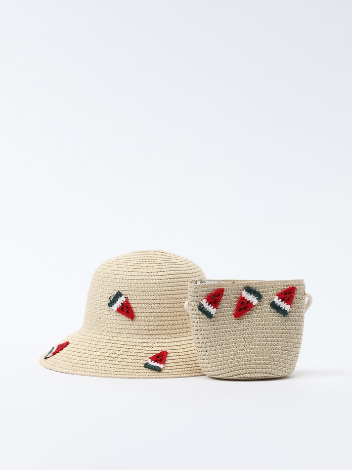 Conjunto de chapéu e bolsa de ráfia cor melancia - Natural