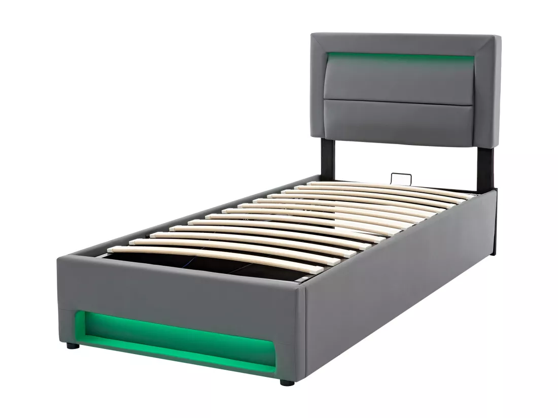 Lit coffre 90 x 200 cm avec tête de lit - Prises USB et LEDs - Cuir PU - Sommier à lattes - Gris(sans matelas)