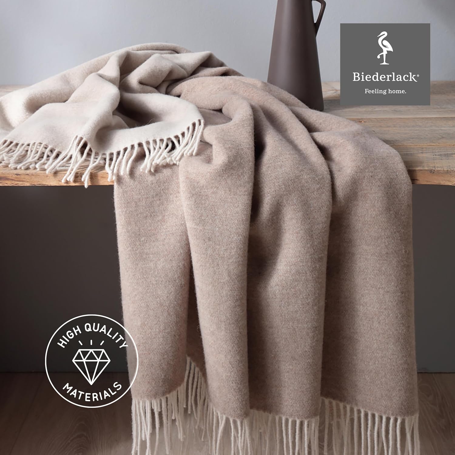 biederlack® samt weiche Kuscheldecke Wool-Mix Natur-Sand I aus Wolle & Kaschmir I Öko-Tex Zertifiziert I Plaid in 130x170 cm | geeignet als Tagesdecke & Sofa-Decke | Wohn-Decke in top Qualität
