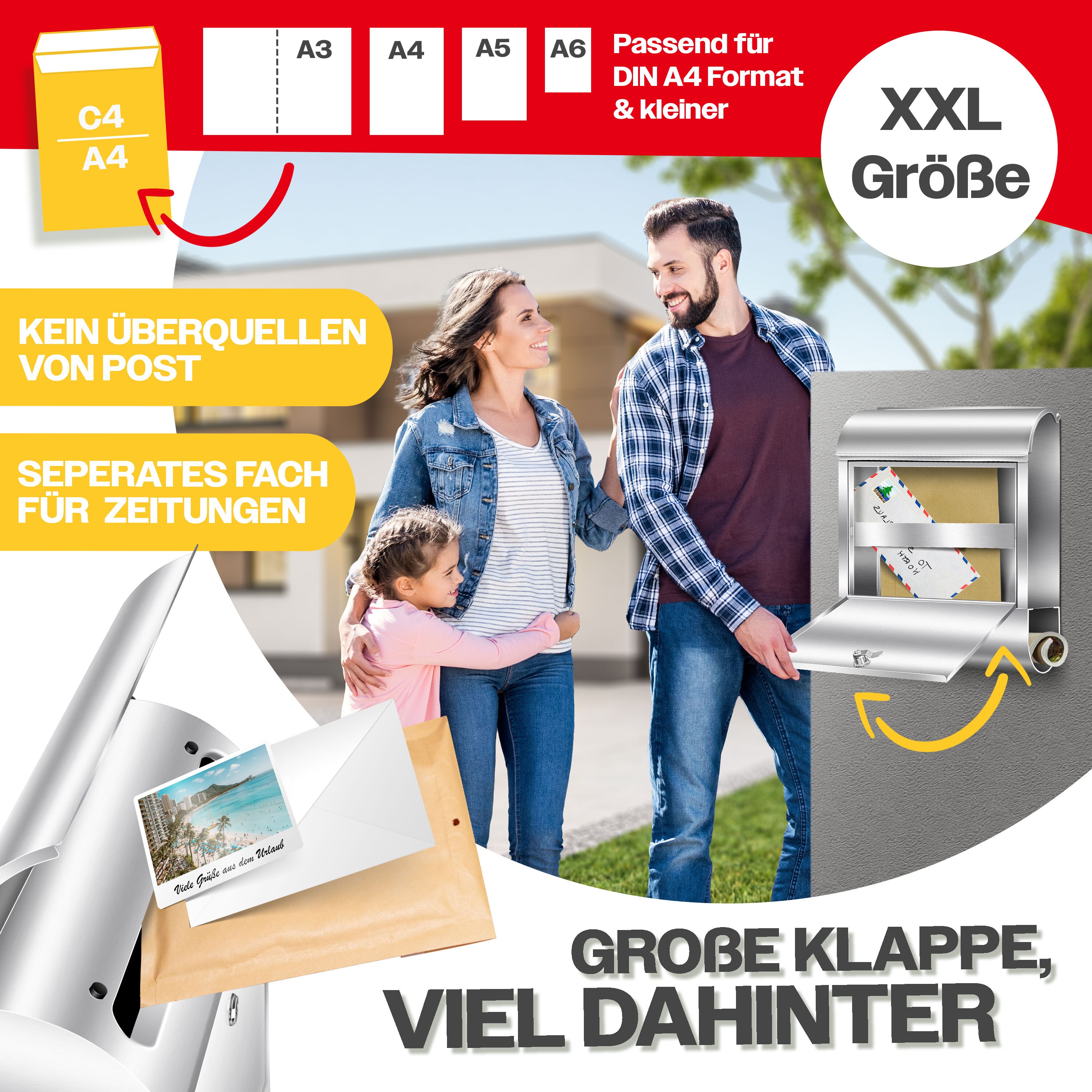 KESSER® XXL Briefkasten Edelstahl mit Zeitungsfach , gebürstet , 3x Schlüssel abschließbar , Pulverbeschichtet , Wandmontage , groß Front-Einwurf: DIN C4 = DIN A4, inkl. Montagematerial