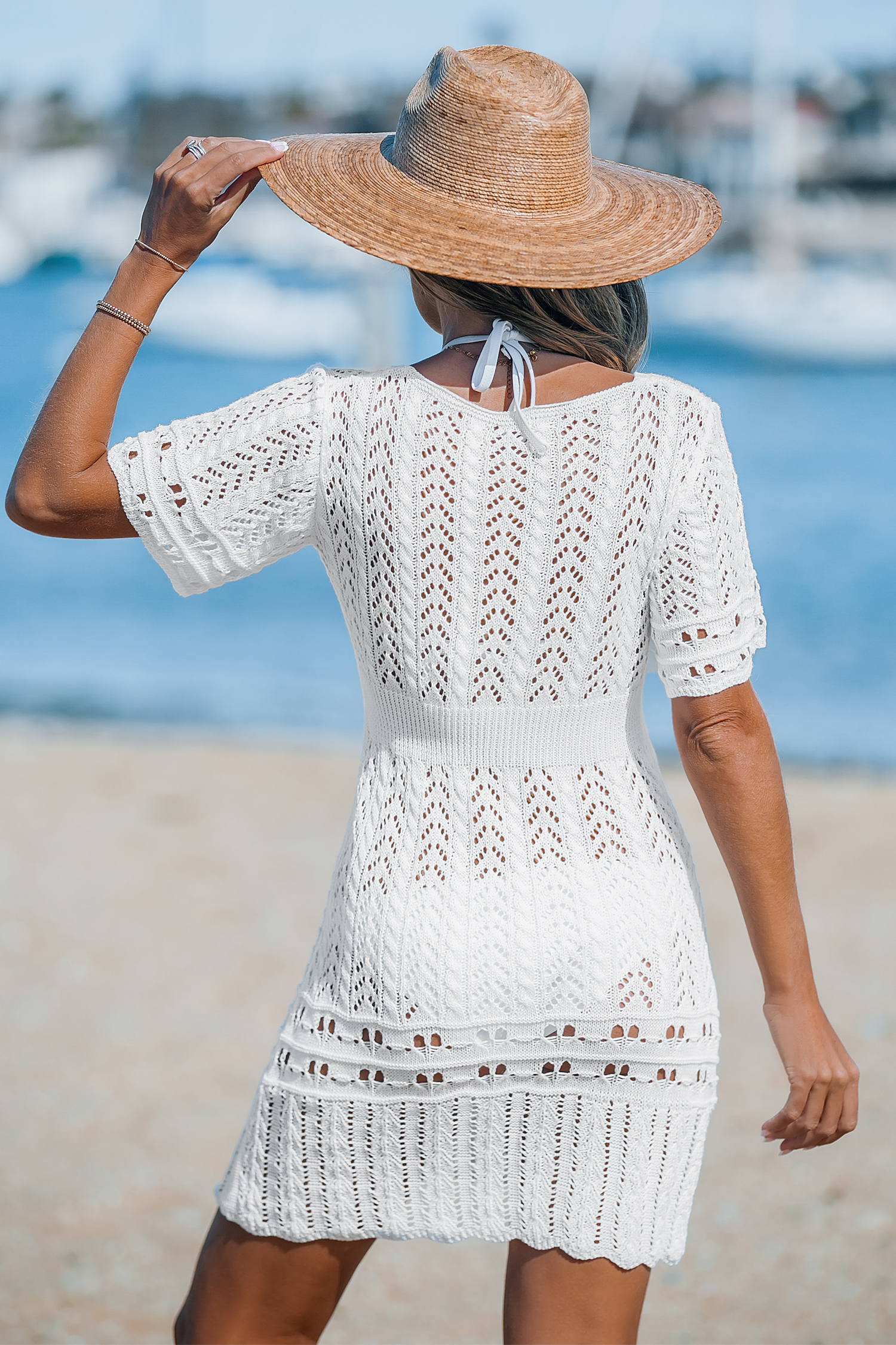 Robe cover up mini à manches courtes en tricot ouvert blanche
