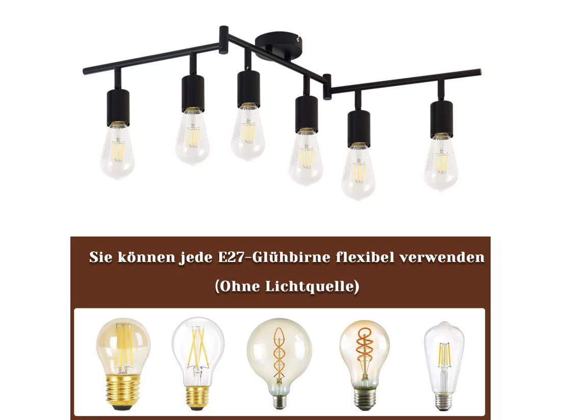 NETTLIFE Spot de plafond plafonnier noir E27 vintage 6 flammes plafonnier orientable 350°industriels