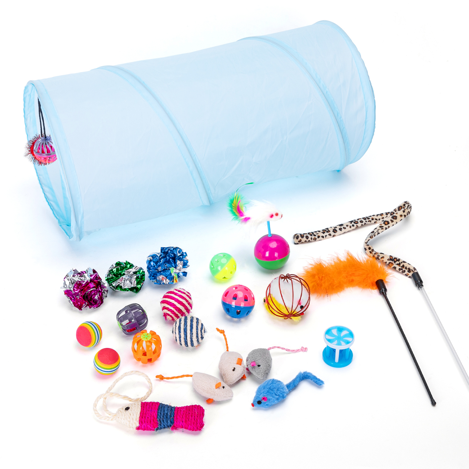 Nobleza - Pacote de Brinquedos para Gatos, Incluindo Túnel, Ratinhos, Diversas Bolas, Sinos, Molas e Catnip, 24 Peças