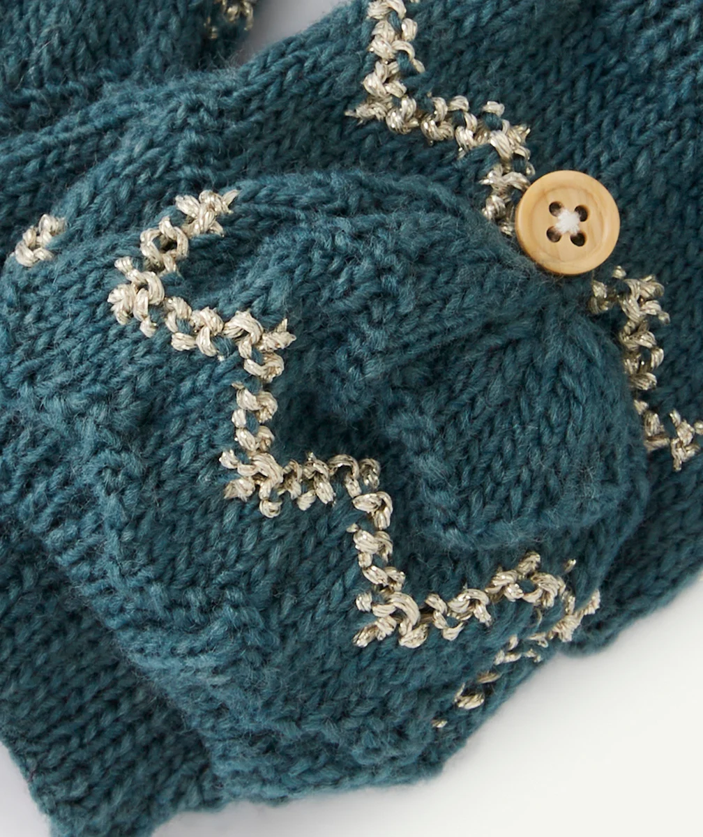 MOUFLES TRICOT FILLE EN FIBRES RECYCLÉES BLEU ET COULEUR ARGENTÉE