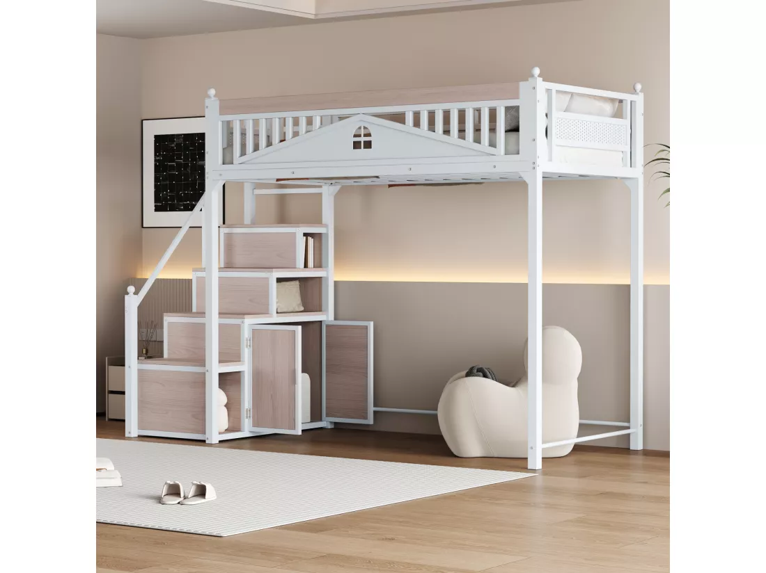 Lit mezzanine en métal 90x200cm - avec échelle de rangement - Blanc (matelas non inclus)