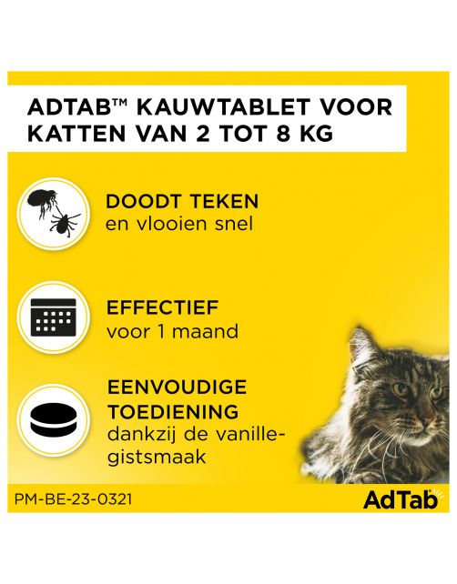 Adtab Kauwtablet Voor Katten - Anti vlooien en tekenmiddel - 3 tab >2.0 - 8.0 Kg