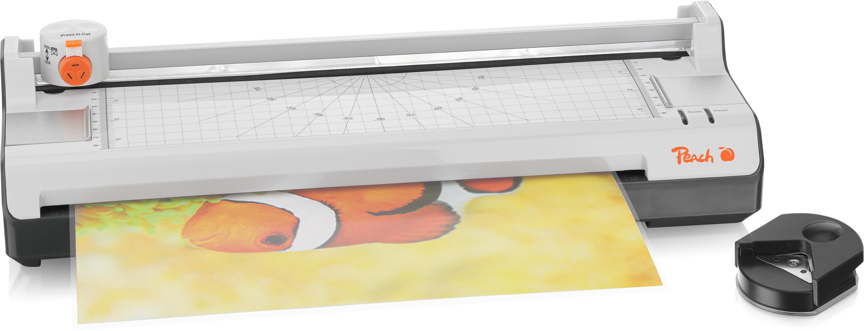 Peach 6 in 1 Laminiergerät A3 inkl. Eckenrunder, Trimmer, Laminierfolien | ABS | geeignet für alle handelsüblichen Folien bis 2x125 mic. | Heiß- & Kaltlaminiergerät | PBP450