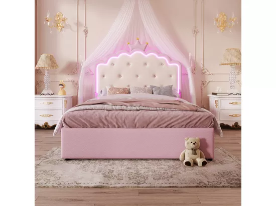 Lit rembourré 140 x 200 cm, éclairage d'ambiance avec télécommande, forme princesse, lit escamotable, PU, rose