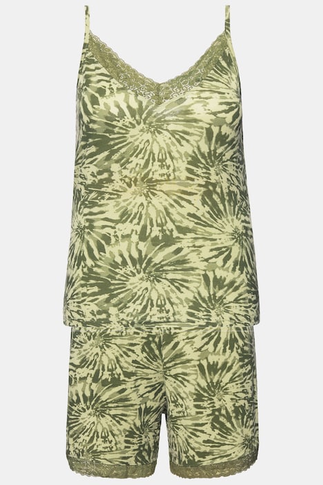 Shorty, kurzer Zweiteiler, Print, Spitzenkanten, Spaghetti-Top, Shorts