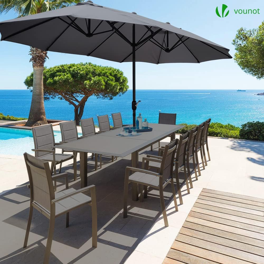 VOUNOT Doppelsonnenschirm mit Handkurbel, Sonnenschirm Marktschirm Gartenschirm Terrassenschirm, Sonnenschutz, 460 x 270 cm, Grau